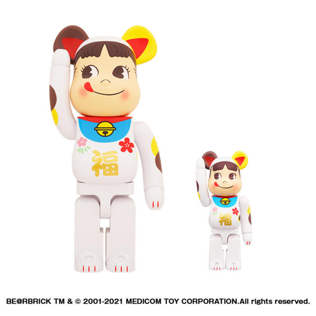 不二家(フジヤ)のBE@RBRICK ベアブリック 招き猫 ペコちゃん 福 100％ ＆ 400％ エンタメ/ホビーのおもちゃ/ぬいぐるみ(キャラクターグッズ)の商品写真