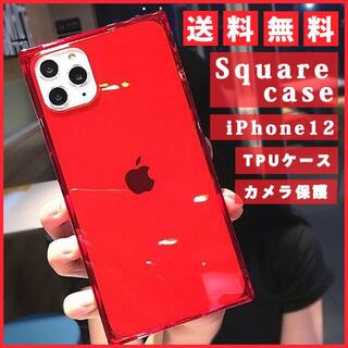 iphone12 スクエア型 スマホカバー シンプル クリア ケース レッド(iPhoneケース)