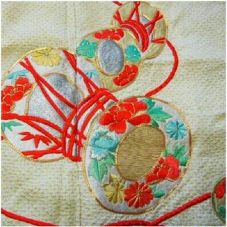 【訳あり】花鼓文様刺繍に金駒鮮やかな総本絞りの7歳用祝着単品【生地取り推奨】(和服/着物)