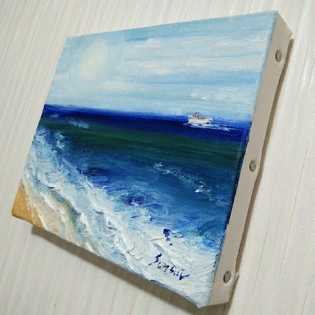 油彩　癒しの風景絵画＊どこまでも続く海　 波打ち際　コバルトブルービーチ 夏 波青い空