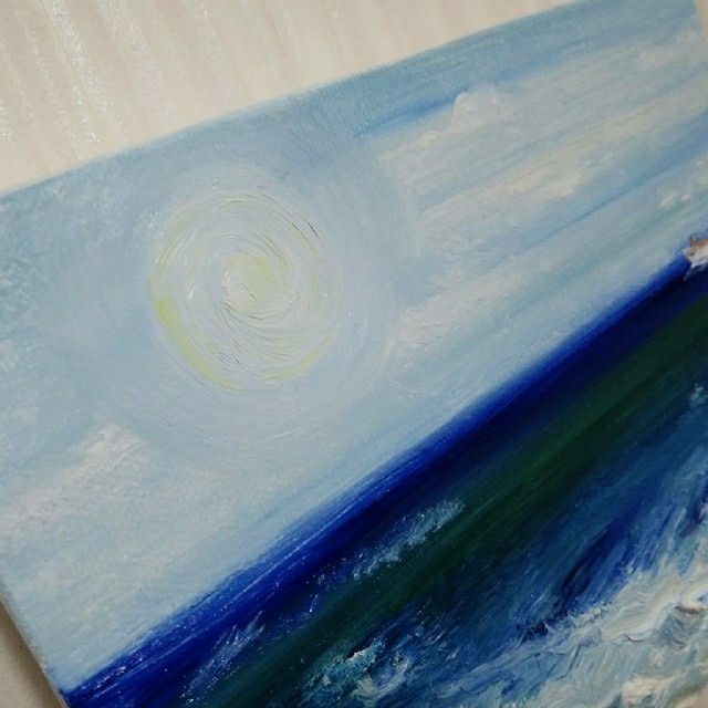 油彩　癒しの風景絵画＊どこまでも続く海　 波打ち際　コバルトブルービーチ 夏 波青い空