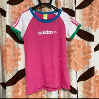 アディダス(adidas)のadidas アディダス Tシャツ　トップス　　ロゴ　ピンク　白　L レディース(Tシャツ(半袖/袖なし))