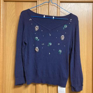 ミッシュマッシュ(MISCH MASCH)の☆新品・未使用☆ネイビー　ビジュー付き　春夏長袖　ニット　　トップス　Mサイズ(カットソー(長袖/七分))