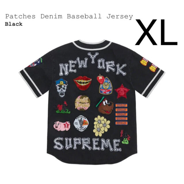 ブラックサイズ希少XL Supreme patches denim ベースボール jersey