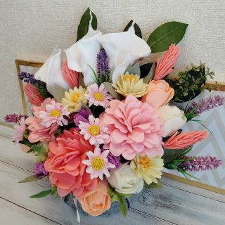 置物 花束 リース カラー 牡丹 薔薇 母の日 ギフト ライト付き(プリザーブドフラワー)