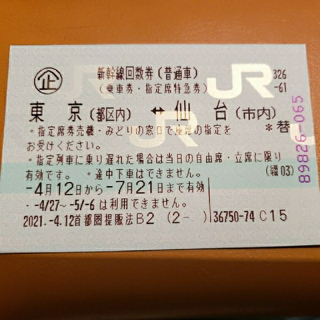 【専用】新幹線 回数券 東京⇔仙台 1枚 送料無料