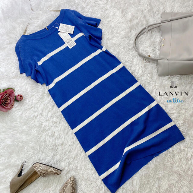 LANVIN en Bleu(ランバンオンブルー)の新品未使用タグ付き！ランバンオンブルー ボーダー ワンピース 袖フリル レディースのワンピース(ひざ丈ワンピース)の商品写真