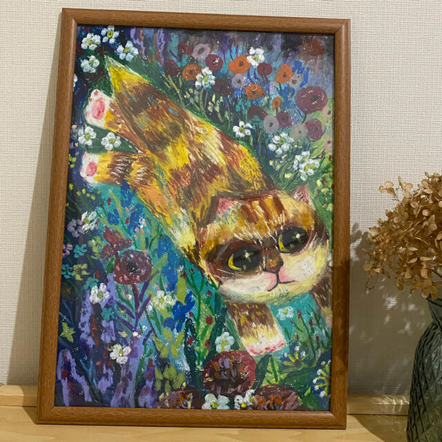 油絵、壁掛け絵原画手描き【童謡の花の中の猫ちゃん】