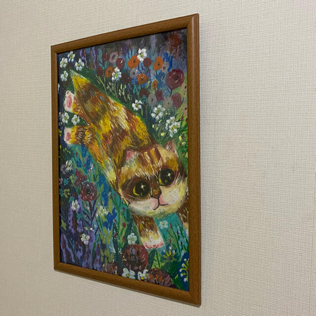 油絵、壁掛け絵原画手描き【童謡の花の中の猫ちゃん】 5