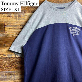 トミーヒルフィガー(TOMMY HILFIGER)のトミーヒルフィガー刺繍ロゴTシャツ 半袖メンズ古着XL 紺ネイビー灰色グレー(Tシャツ/カットソー(半袖/袖なし))