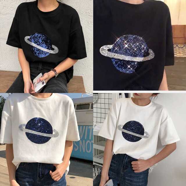 スパンコール tシャツ レディース 半袖 カジュアル トップス ゆったり レディースのトップス(Tシャツ(半袖/袖なし))の商品写真