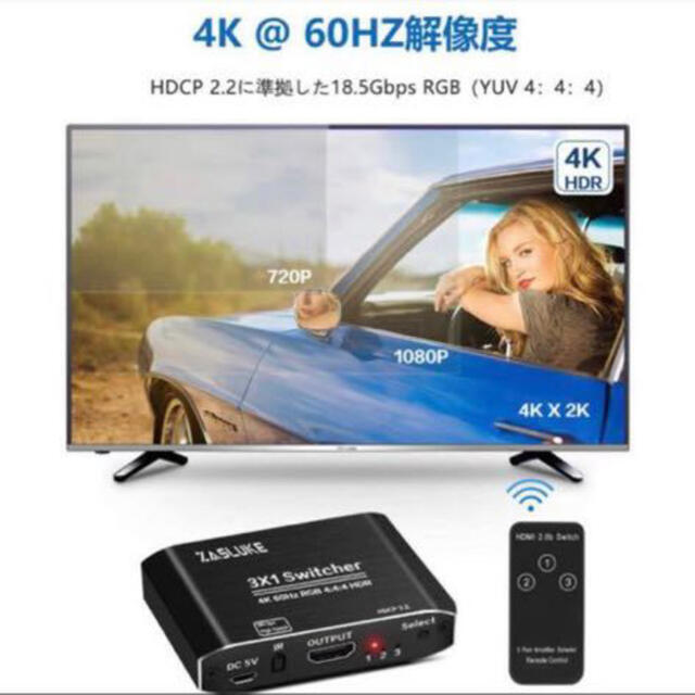 ZasLuke HDMI切替器 3入力1出力 スマホ/家電/カメラのテレビ/映像機器(映像用ケーブル)の商品写真