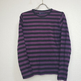 TM089 古着  PLUS ONE  ボーダー 長袖 Tシャツ 紫 黒(Tシャツ/カットソー(七分/長袖))