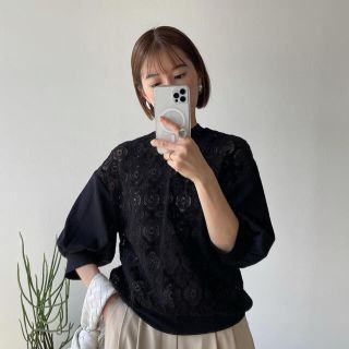 アメリヴィンテージ(Ameri VINTAGE)のCLANE compact vintage lace tops ブラック(カットソー(半袖/袖なし))