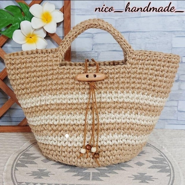 nico_handmade_♡麻ひもマルシェ＊バイカラーホワイト♡麻紐バッグ 麻バック 麻糸 麻ひもバック