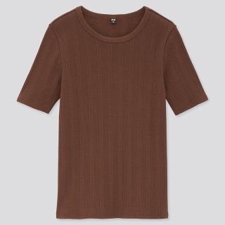 ユニクロ(UNIQLO)のUNIQLO ランダムリブクールネックT ブラウン(Tシャツ(半袖/袖なし))