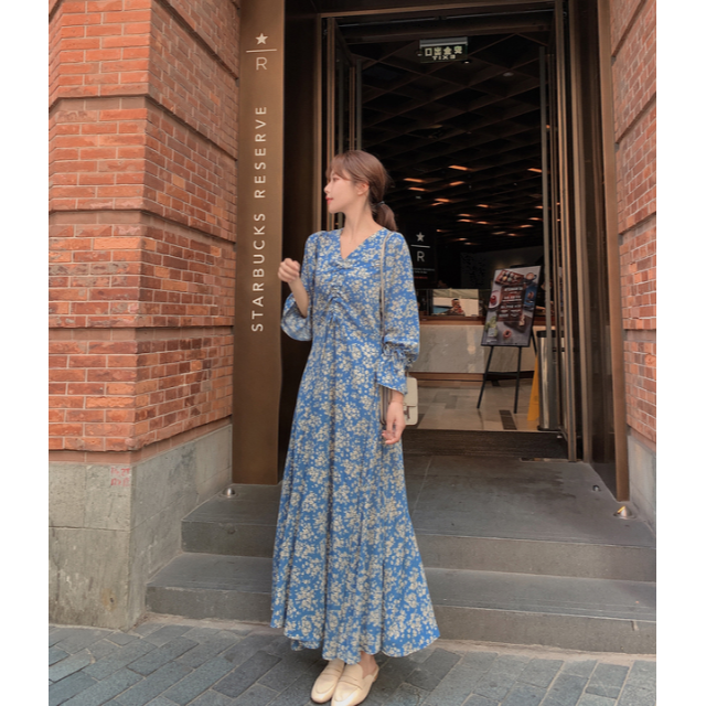 (税込)ワンピース春夏ブルーの小花柄が可愛いボリューム袖ワンピ♪ 】小花柄ロング