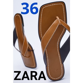 ザラ(ZARA)のZARA　(36 ブラウン) トップステッチ&スクエアトゥフラットサンダル(サンダル)