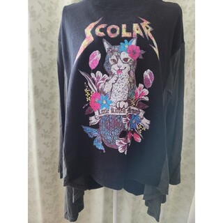 スカラー(ScoLar)のScoLar ネコ魚柄素材切替チュニック(Tシャツ(長袖/七分))