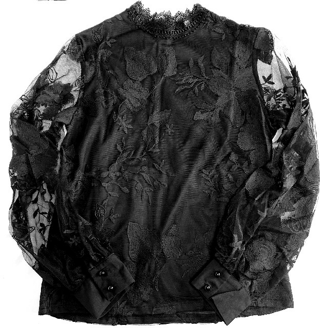 新品 ボリューム袖 レース ブラウス M シースルー ブラック 花柄 長袖 春 レディースのトップス(シャツ/ブラウス(長袖/七分))の商品写真