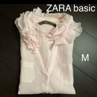 ザラ(ZARA)のZARA basic ピンク フリル襟 ノースリーブ シャツ(シャツ/ブラウス(半袖/袖なし))