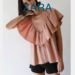 ザラ(ZARA)の新品【ZARA】フリルノースリーブシャツ　ピンク(シャツ/ブラウス(半袖/袖なし))