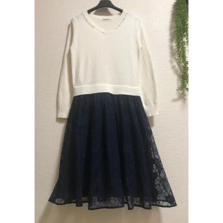 ミッシュマッシュ(MISCH MASCH)のミッシュマッシュ  ドッキングワンピース　Ｖネックビジュー　フラワーレース　花柄(ひざ丈ワンピース)