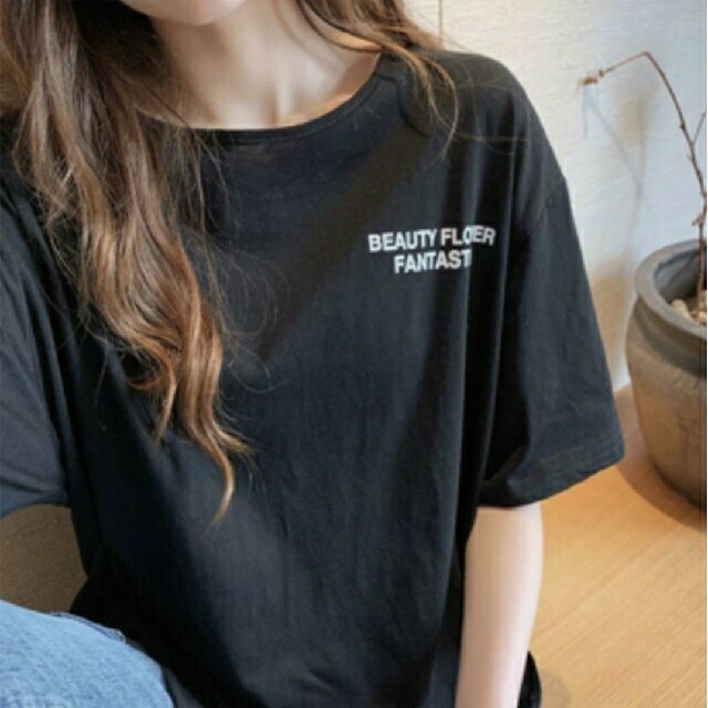 Tシャツ 韓国 黒 レディース夏服ラウンドカット ビッグシルエットTシャツ M レディースのトップス(Tシャツ(半袖/袖なし))の商品写真