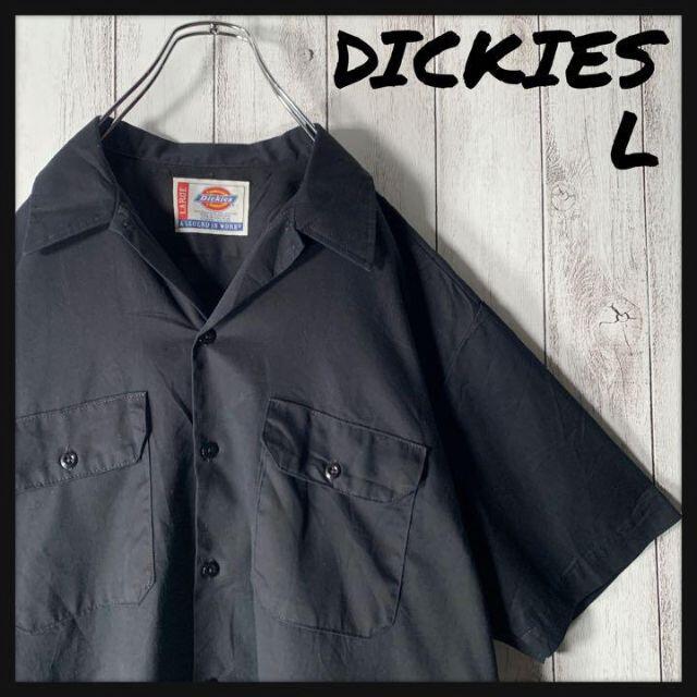 【美品 海外企画 L】ディッキーズ 刺繍 タグロゴ ワークシャツ 黒