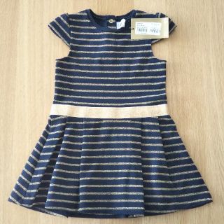 プチバトー(PETIT BATEAU)のPETIT BATEAU ネイビー ゴールド ボーダー 半袖 ワンピース 新品(ワンピース)