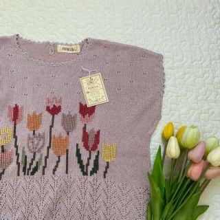 新品　サマーニット　チューリップ  刺繍　レトロ　ヴィンテージ風デザイン(ニット/セーター)