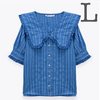 【新品未使用】ZARA ピーターパンカラーストライプシャツ 襟ブラウス L(シャツ/ブラウス(半袖/袖なし))