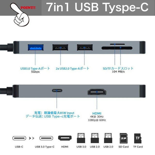 7in1 USBハブ Type-c HDMI Ｍacbook t00132 スマホ/家電/カメラのPC/タブレット(PC周辺機器)の商品写真