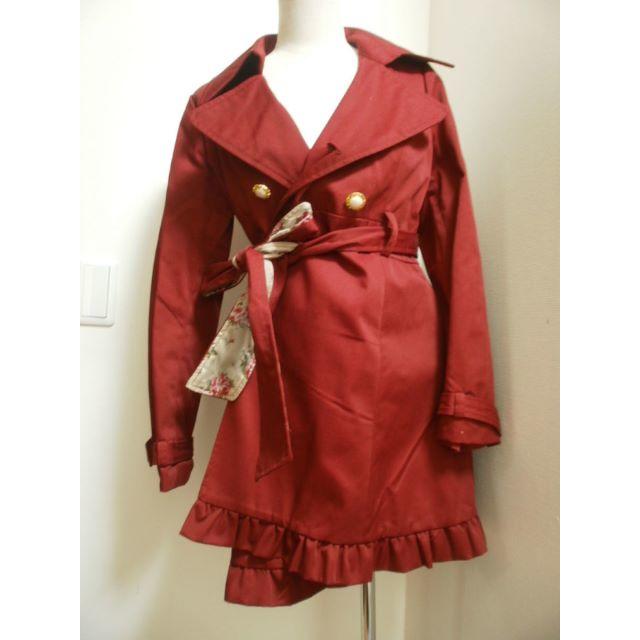 Deary 未使用品 裏地薔薇柄 フリル フレアトレンチコート 赤 LL レディースのジャケット/アウター(テーラードジャケット)の商品写真