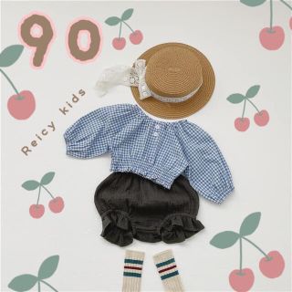 【新品】韓国子供服 セットアップ 90 ギンガムチェック 水色 女の子 キッズ(ブラウス)