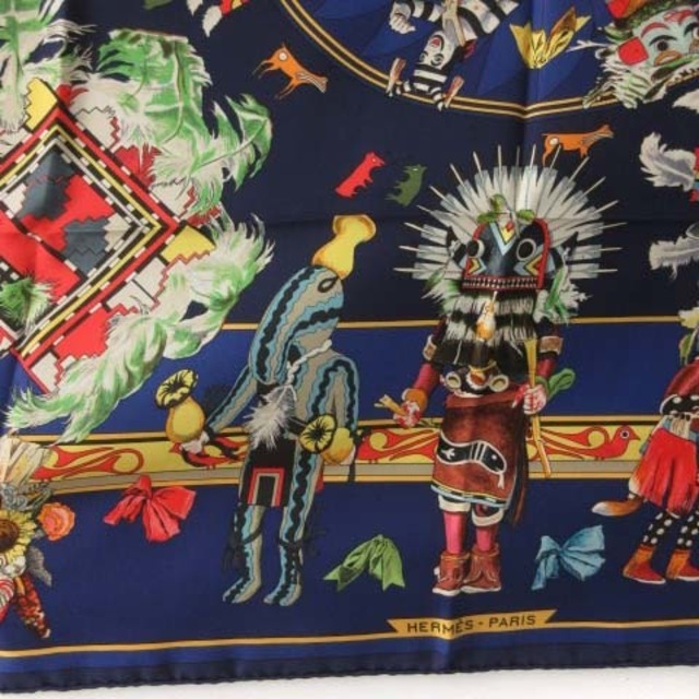 エルメス HERMES カレ90 KACHINA カモナ スカーフ シルク 紺90cm幅