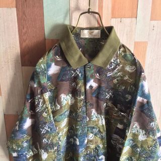 アートヴィンテージ(ART VINTAGE)の古着 総柄 デザインシャツ PO ポリエステル 90s vintage 緑(シャツ/ブラウス(長袖/七分))