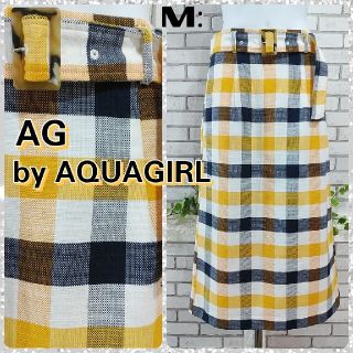 アクアガール(aquagirl)の売約★M：ミモレ丈スカート／アクアガール★超美品★イエロー×ネイビー・チェック(ロングスカート)