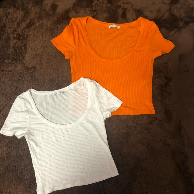 ZARA(ザラ)の【ZARA】クロップド丈リブ編みTシャツ　2枚set レディースのトップス(Tシャツ(半袖/袖なし))の商品写真
