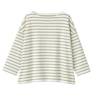 ムジルシリョウヒン(MUJI (無印良品))の無印良品 太番手ボーダー七分袖Tシャツ(グリーン)(Tシャツ(長袖/七分))