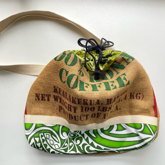 コナコーヒー コーヒー豆麻袋　リメイク　ショルダーバッグ　巾着　グリーン　27