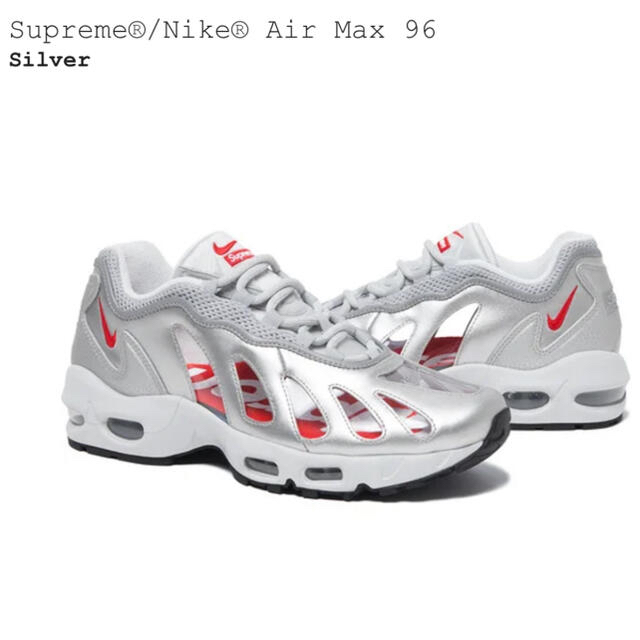 Supreme®/Nike® Air Max 96 Silver 9 赤靴下付き靴/シューズ