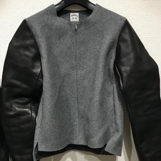 【美品】サンシー　メントンTレザージャケット　ノーカラー　チェック柄　ネイビー