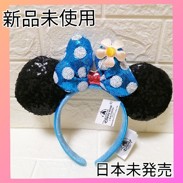 Disney(ディズニー)の新品　即購入OKディズニー水色リボン クラシック水玉&お花　ミニーカチューシャ レディースのヘアアクセサリー(カチューシャ)の商品写真