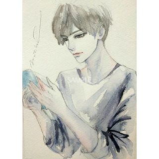 新入荷 専用 手描きイラスト ハーフアップ男子 ドローイング 水彩画 独創的 Paradise Pk