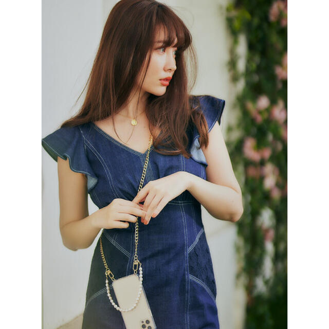 herlipto Ruffled Shoulder DenimMidiDress