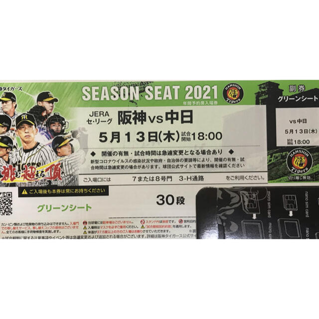 阪神 vs 中日 グリーンシート 通路側 5月13日(木) 18:00-