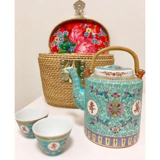 中国茶器【景徳鎮】茶器セット【萬寿】湯呑・急須 中国景徳鎮製 茶籠付き茶道具