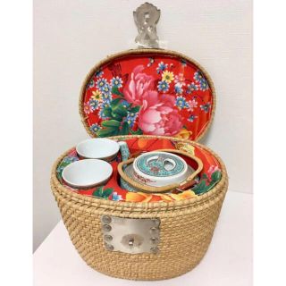 中国茶器【景徳鎮】茶器セット【萬寿】湯呑・急須 中国景徳鎮製 茶籠