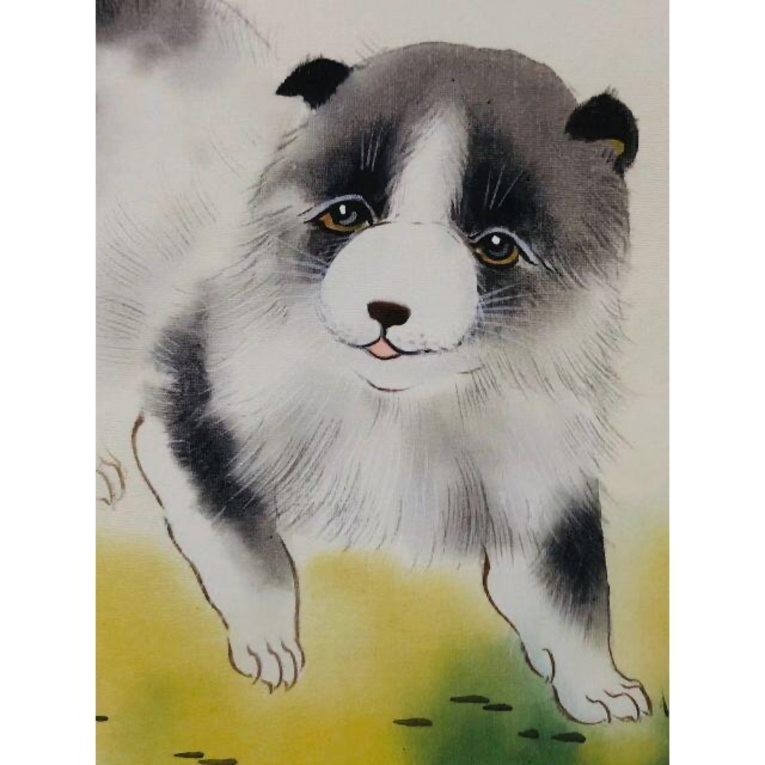 掛軸 田中香石『一笑之図 竹+子犬図』日本画 縁起物 絹本 共箱付 掛軸 田中香石『一笑之図 竹+子犬図』日本画 縁起物 絹本 共箱付